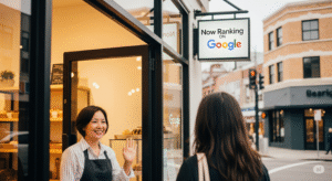 a woman waving at a store